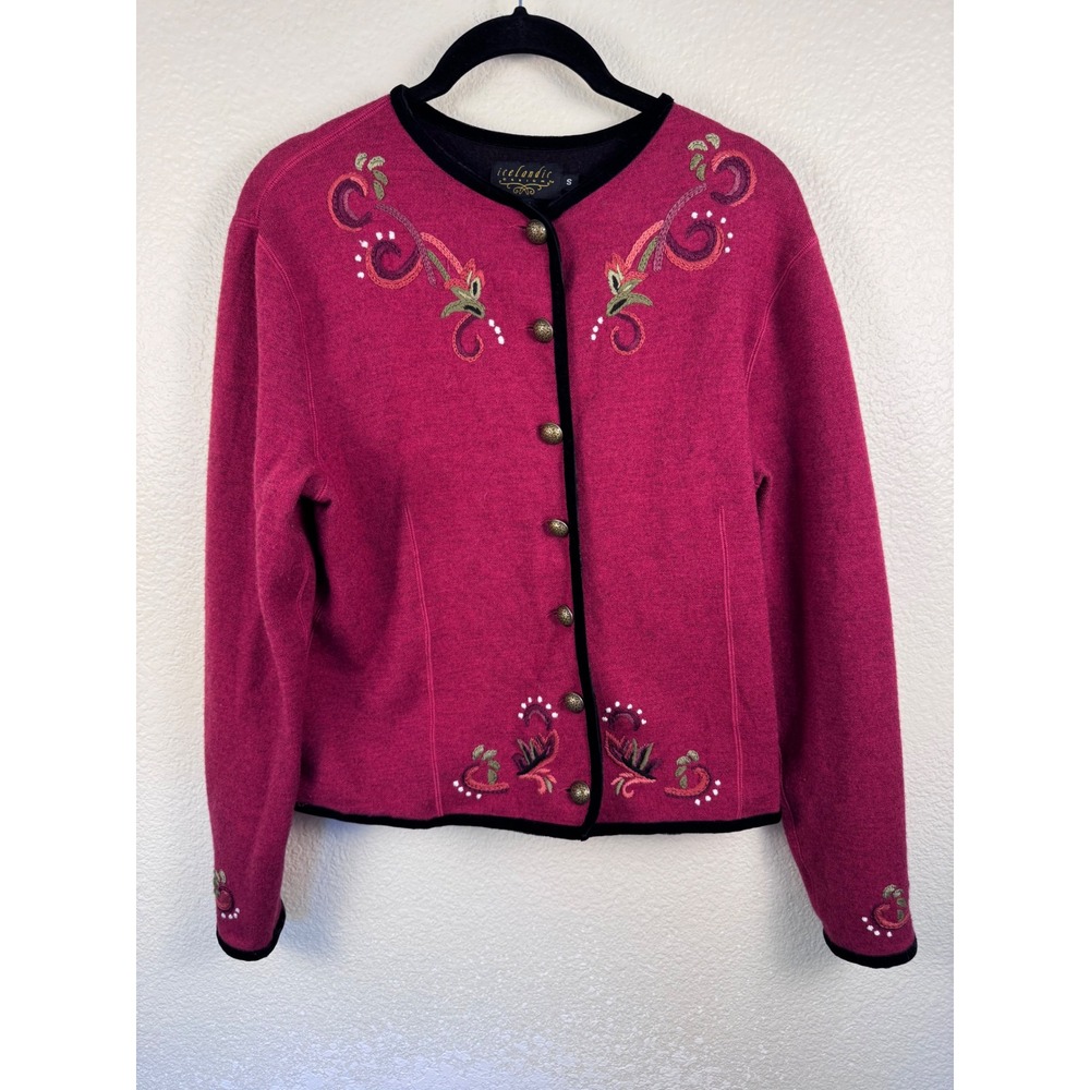 Icelandic Design Wool Embroidered Cardigan Sweater Women Small Floral Nordic
